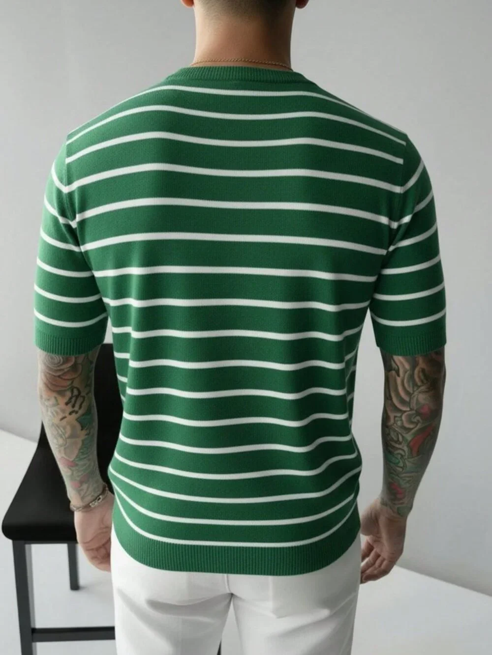 Green Men's Regular Fit Striped Crew Neck Knit Sweater